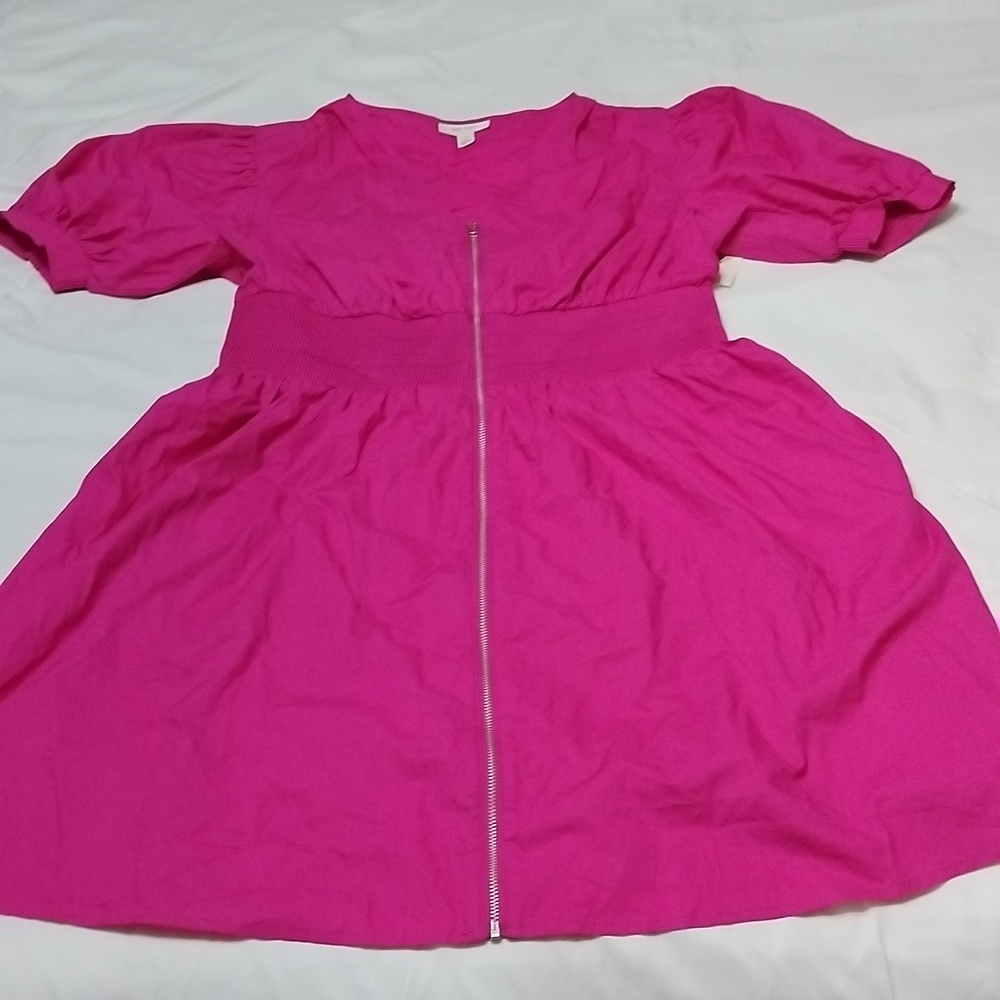Women's Cotton Zip-Front Puff-Sleeve Mini Dress Large Pink On 34th